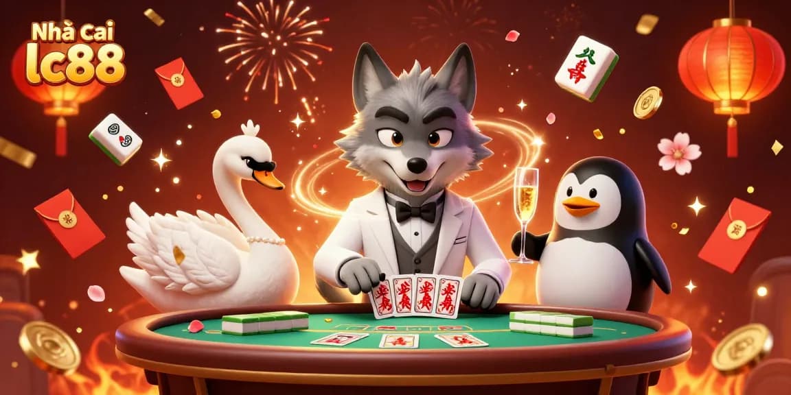 Play exciting games at Nhà cái lc88 with a vibrant casino scene featuring 3D characters and festive elements.