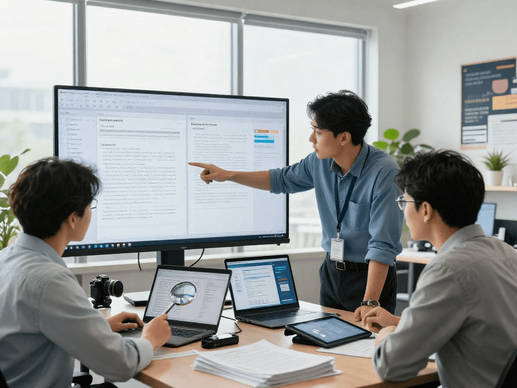 Team analyzing data for document fraud detection in a modern office environment.