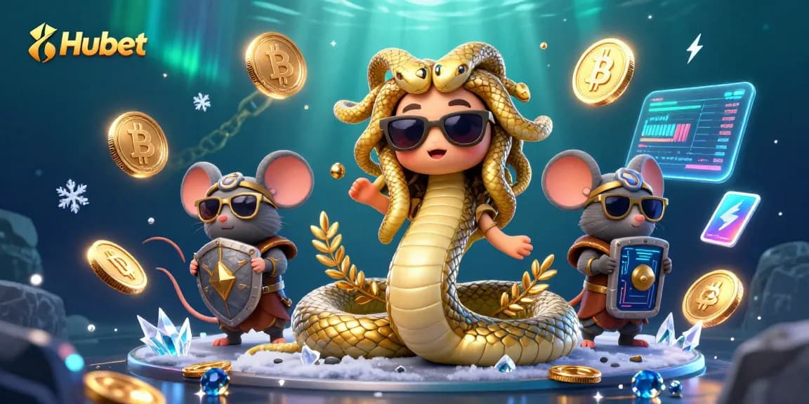 Engage in thrilling gambling at Hubet with dynamic casino-inspired 3D art featuring mythical characters and crypto elements.