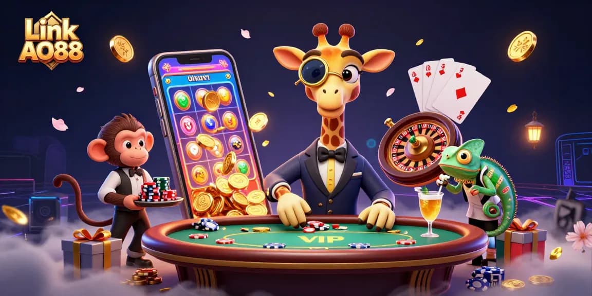 Experience excitement at Link AO88 with a vibrant casino scene featuring a giraffe high-roller and friends.