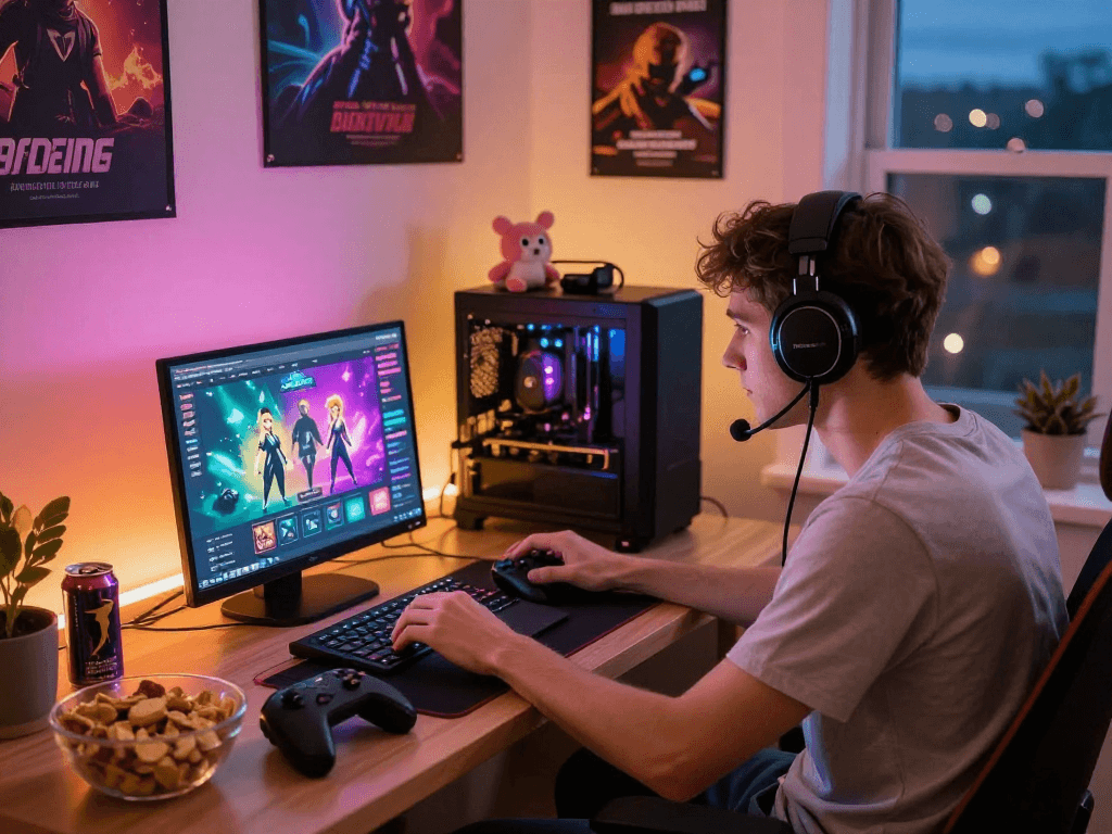 Engaging scene of a player enjoying interactive porn games in a cozy bedroom setup.