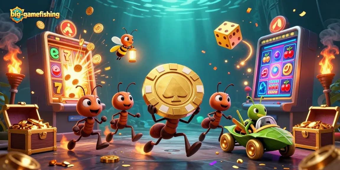 big-gamefishing cartoon heist scene with ants, poker chip, and casino bursts