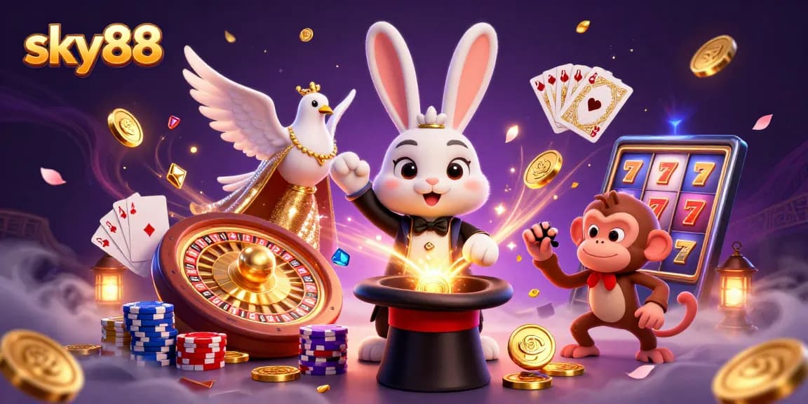 Engage with sky88's vibrant, 3D illustration showcasing a magician rabbit amidst thrilling casino elements.