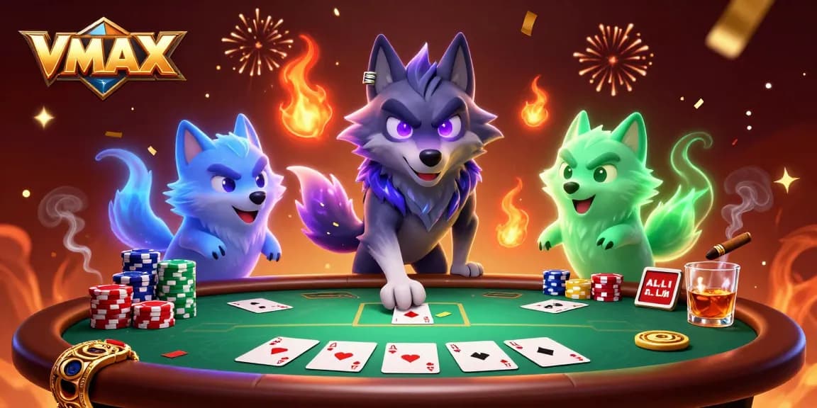 Experience thrilling poker action with VMAX featuring enchanting wolves and colorful chips.
