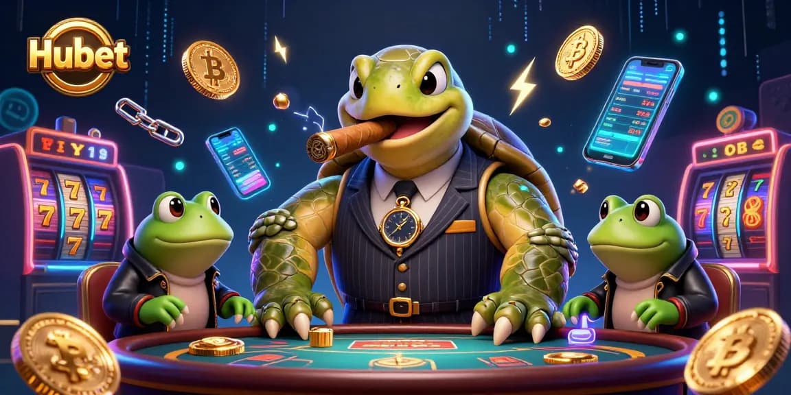 Engage in thrilling slots at Hubet, featuring a cartoon turtle mobster and vibrant casino elements.
