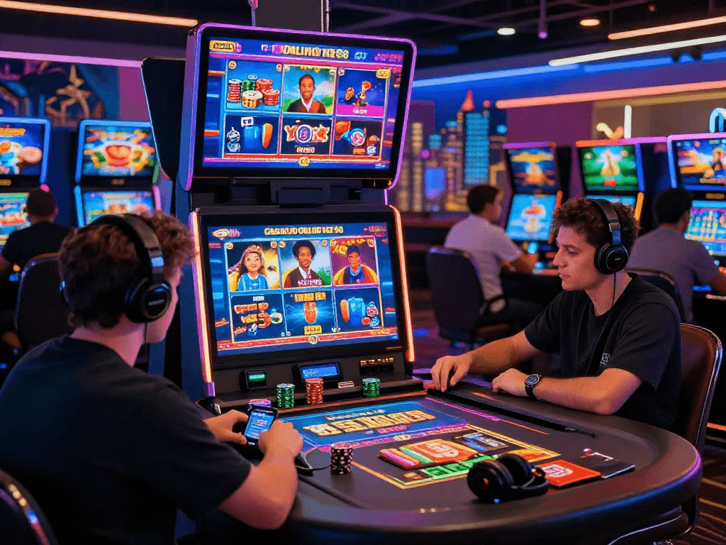 Engaging Casino Online Net88 virtual gaming environment showcasing diverse players and animated game displays, reflecting excitement and modern digital culture.
