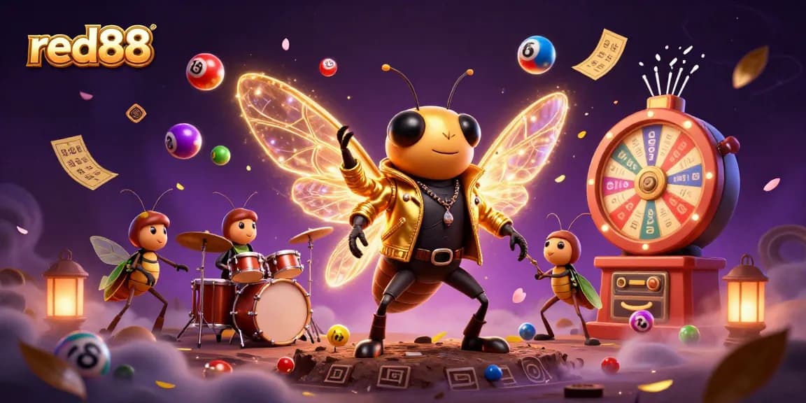 Experience thrilling gameplay with red88's vibrant illustration of a cicada rock star and lively casino elements.