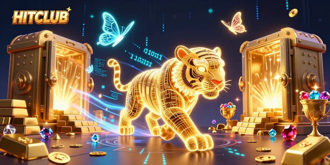 Experience the thrill of HITCLUB as the golden tiger prowls a vibrant casino landscape filled with treasures.