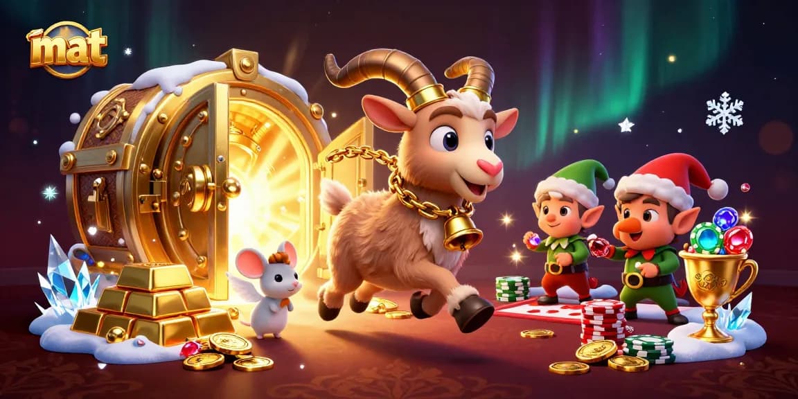 Experience the thrills of mat gameplay at a vibrant casino with festive characters and golden treasures.