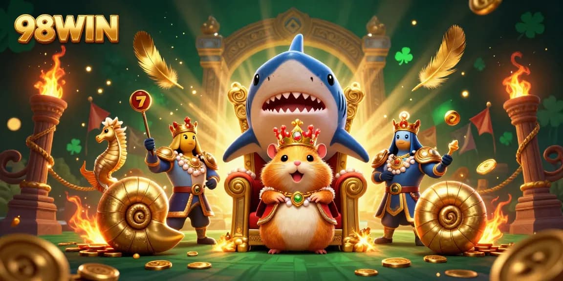 Experience the thrill of gaming with 98WIN's dynamic 3D scene of a golden hamster king on a shark throne.
