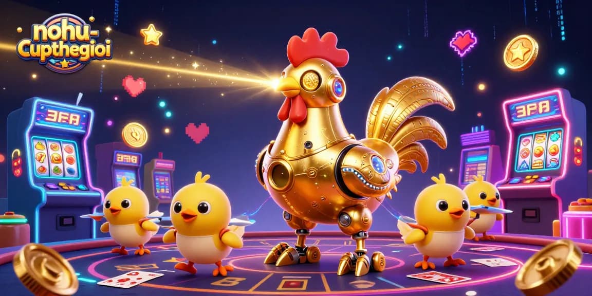 Engage in thrilling gaming with nohu-cupthegioi featuring a golden rooster robot amidst colorful casino elements.