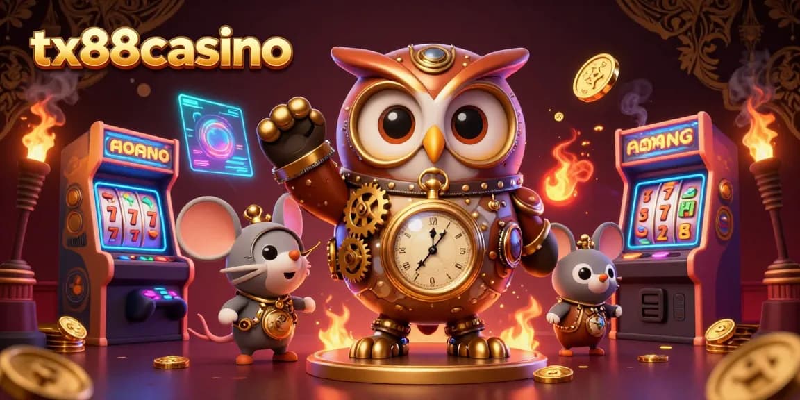 Engage with tx88casino's vibrant gaming excitement, featuring steampunk owl and casino elements.