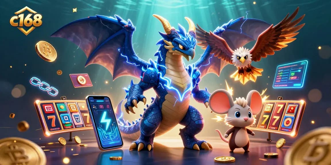 C168 promotes thrilling casino experiences with vibrant dragons, slot reels, and neon coins.