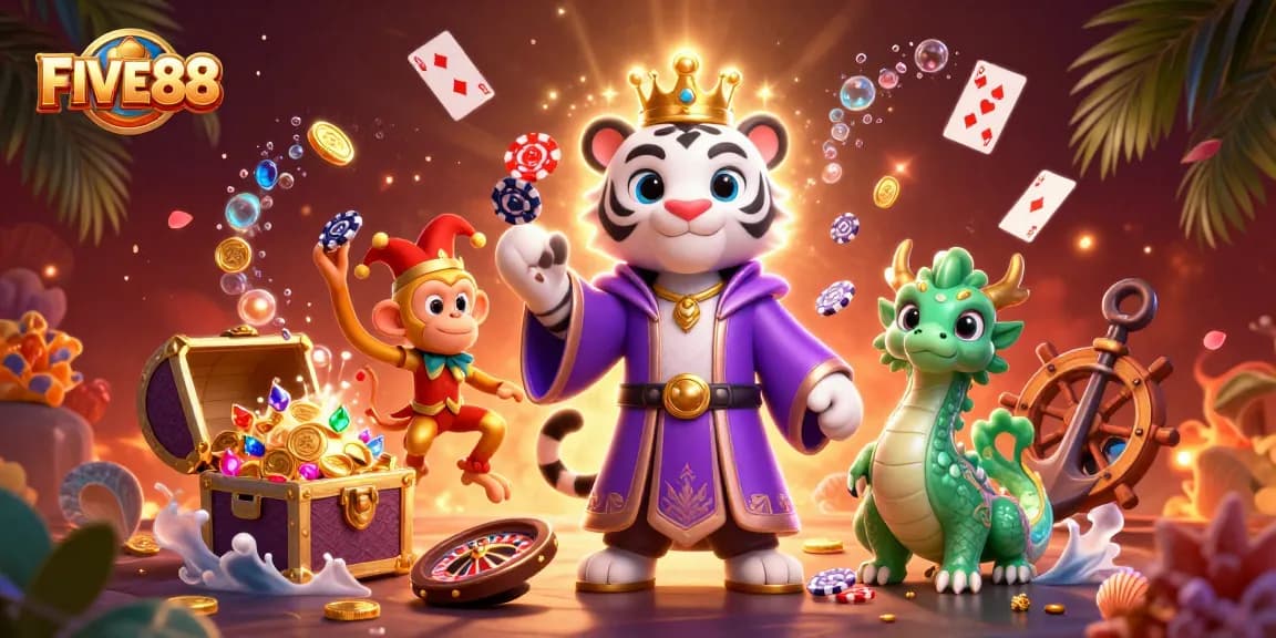 Join the excitement of FIVE88 with our vibrant casino illustration showcasing poker chips and a lucky tiger.