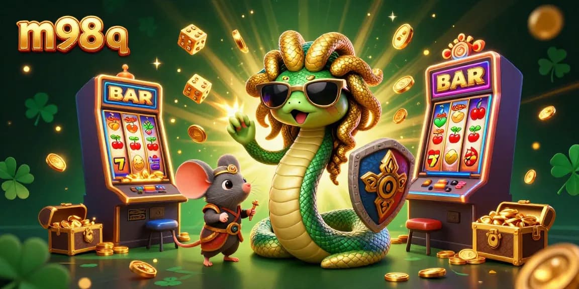 Spin to win with m98 q as Medusa and a warrior mouse celebrate casino victories in a vibrant scene.