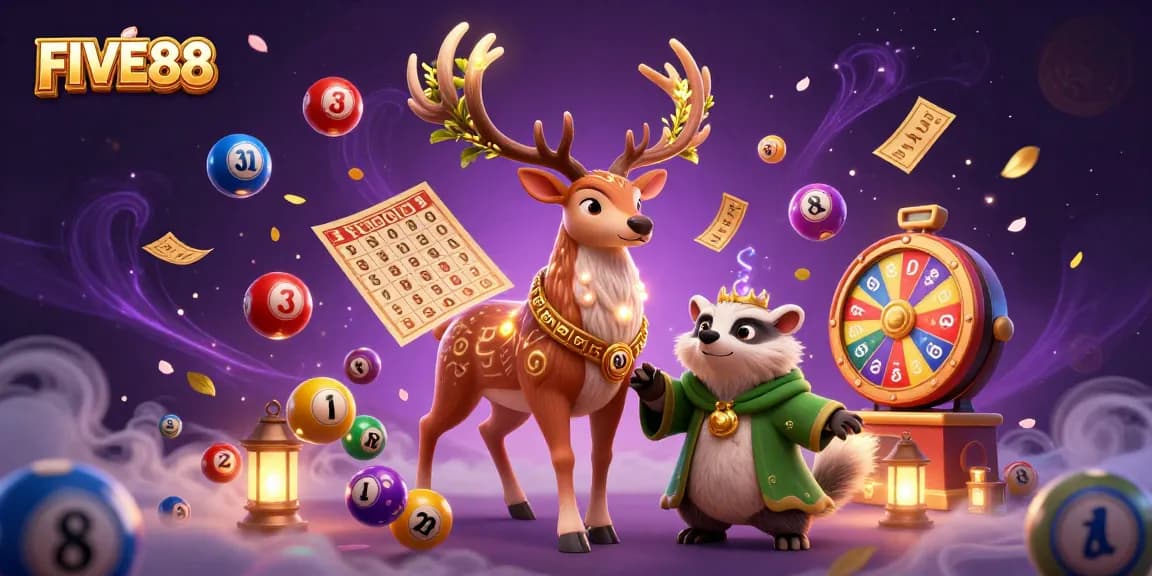 Experience the thrill with FIVE88, featuring vibrant lottery elements and enchanting characters.