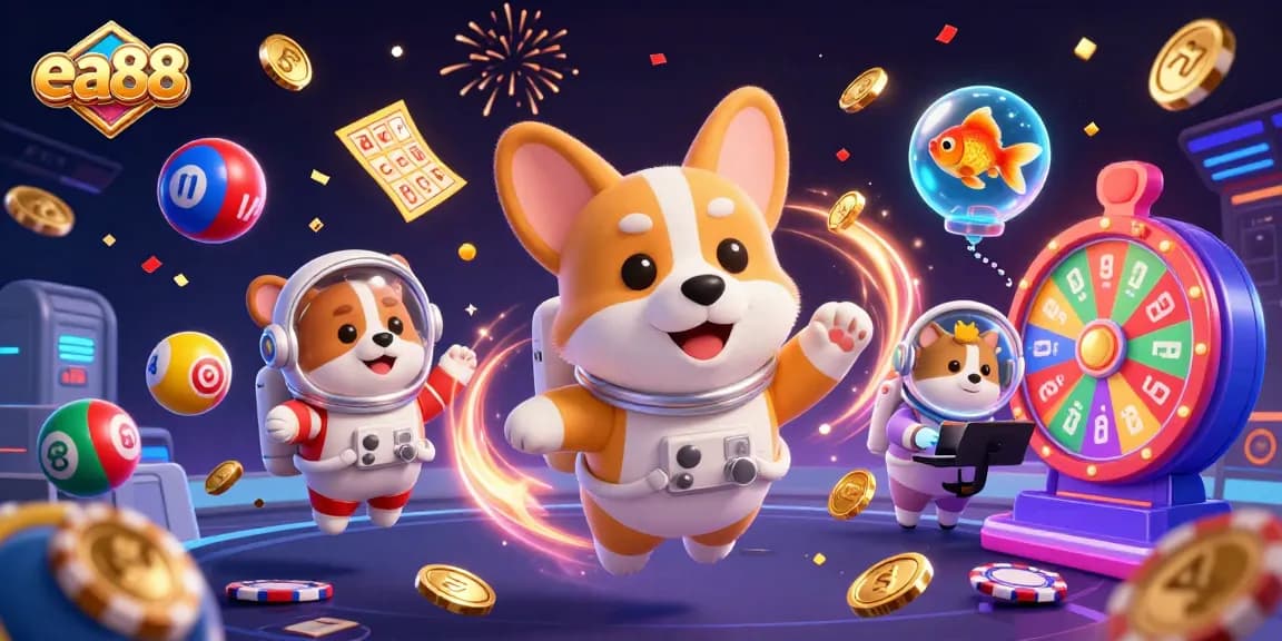 Experience thrilling gaming at EA88 with floating games, chips, and colorful lottery balls in a vibrant casino scene.