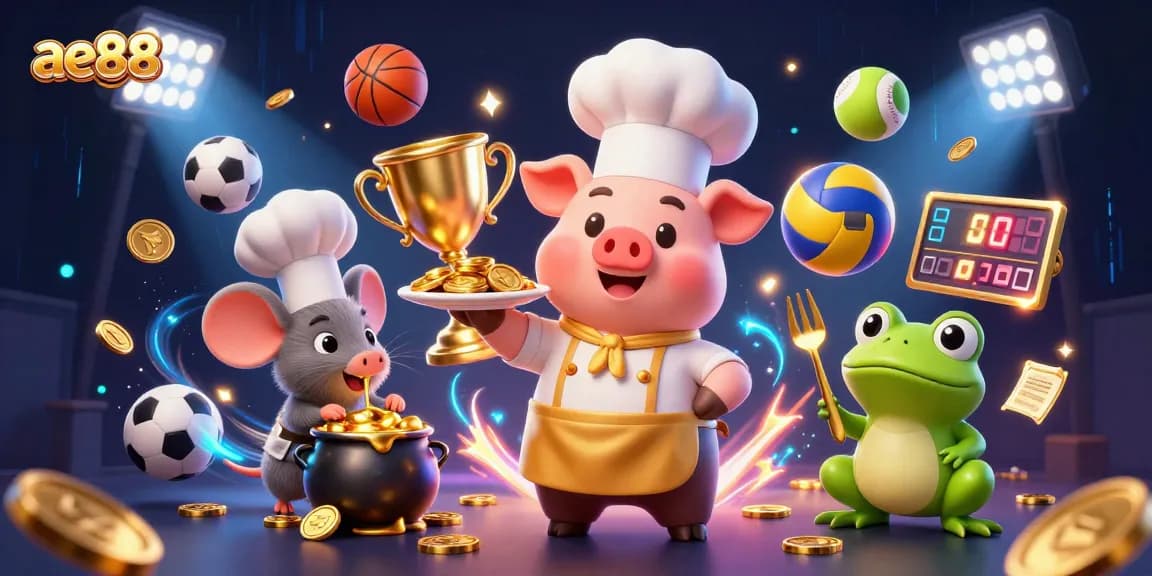 A dynamic 3D scene showcasing ae888 with a chef pig serving gold coins and excitement in online gaming.