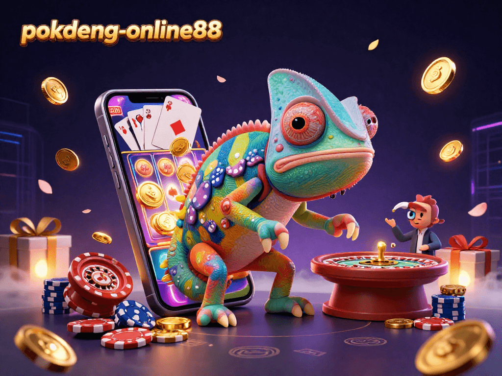 Experience excitement with pokdeng-online88, showcasing a colorful casino scene filled with coins, cards, and fun!