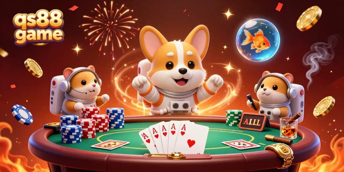 Engage with qs88 game featuring a playful scene of floating casino elements in vibrant colors.