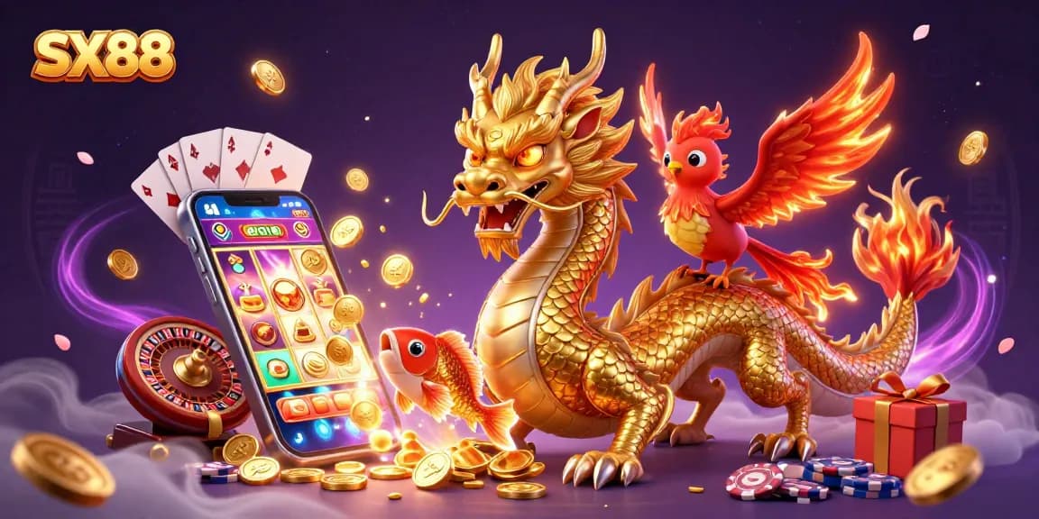 Engage with SX88's thrilling online casino experience through a vibrant 3D digital illustration of winning characters and games.
