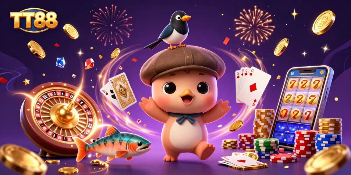 Engage with TT88's thrilling gaming experience featuring vibrant cartoon characters and dynamic casino elements.