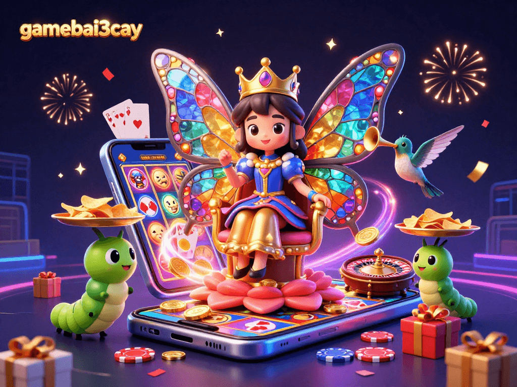 Gamebai3cay captures excitement with a vibrant 3D casino-themed scene filled with slot games and festive elements.