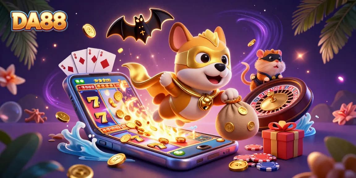Experience thrilling gameplay with DA88 involving slots and poker chips amidst fun characters.