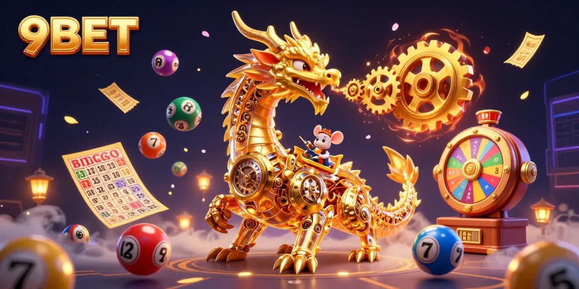 Experience 9BET's vibrant gaming world with a golden dragon, spinning elements, and dynamic lottery balls!