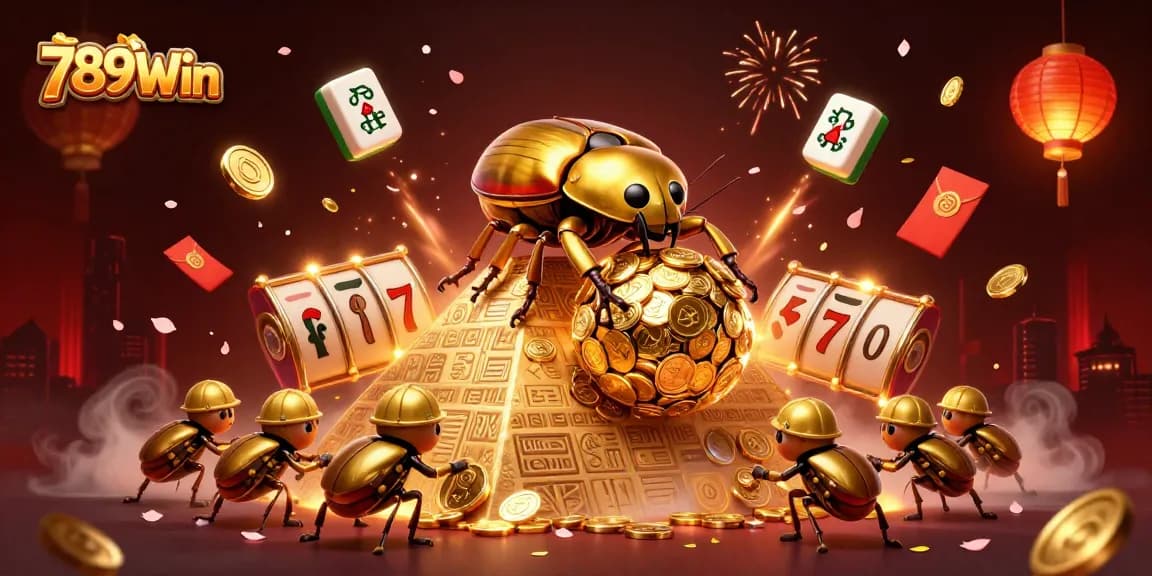 789Win slot games come to life with vibrant scenes of golden beetles and dynamic casino symbols.
