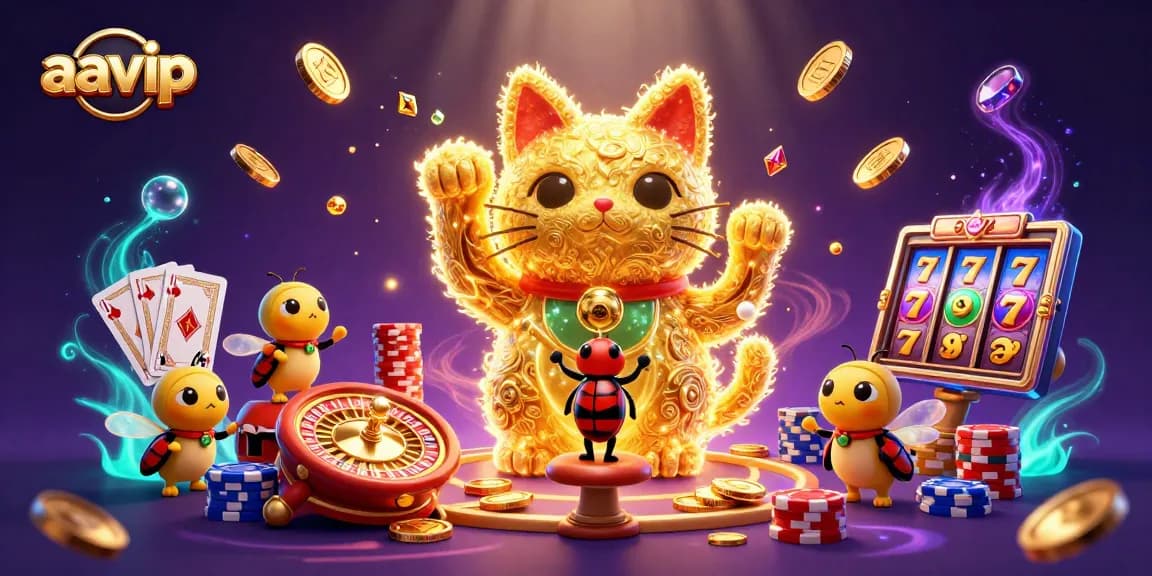 AAVIP offers a vibrant casino experience with a lucky cat and shimmering game elements.