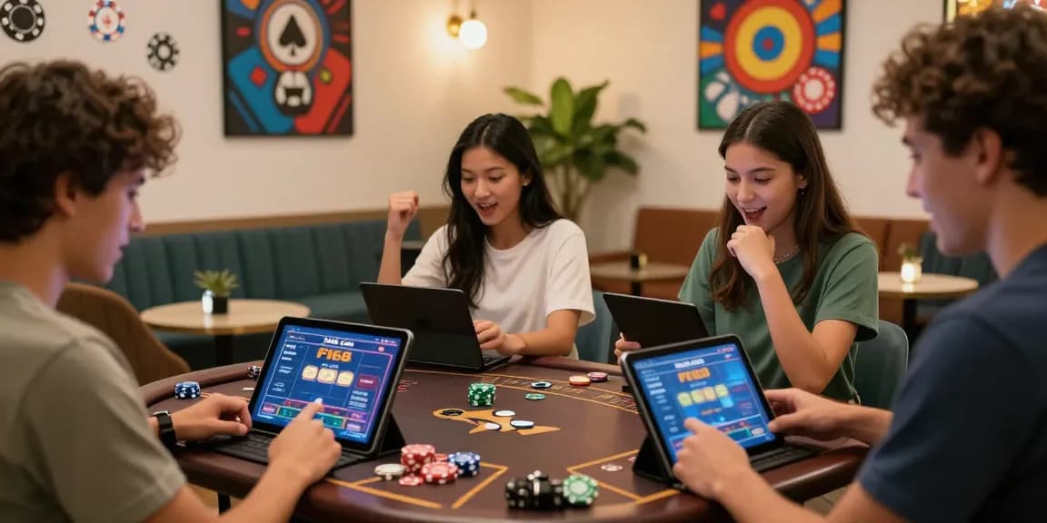 Exciting online gaming experience at Nhà Cái F168 with diverse players enjoying a vibrant lounge atmosphere.
