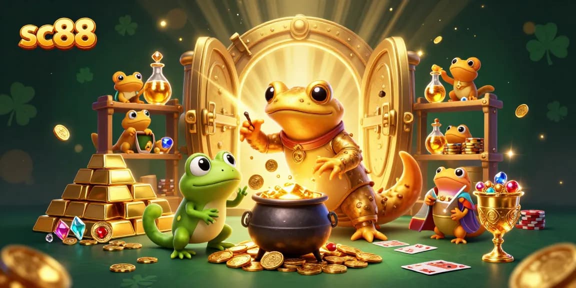 Experience thrilling gameplay at sc88 with golden treasures and animated characters in a rich casino atmosphere.