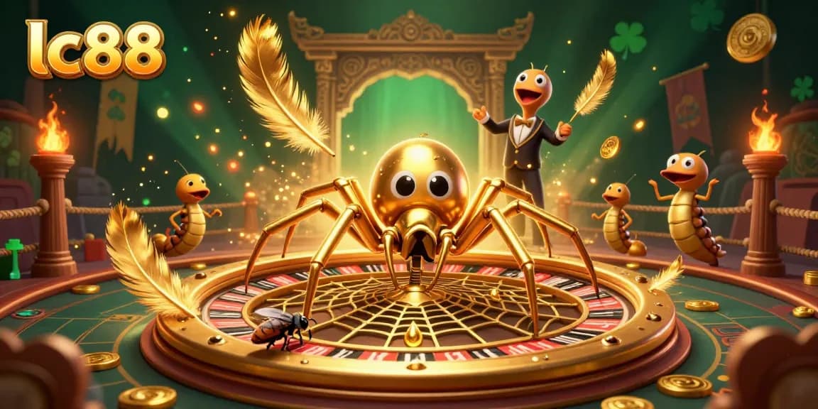 Betting at LC88, the fly nervously places chips on a roulette web surrounded by a vibrant casino scene.