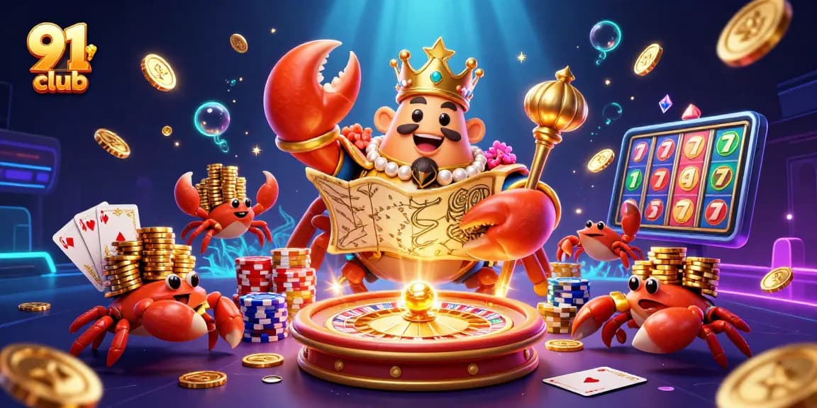 Join the excitement at 91 club with golden treasures and thrilling games in an enchanting casino scene.
