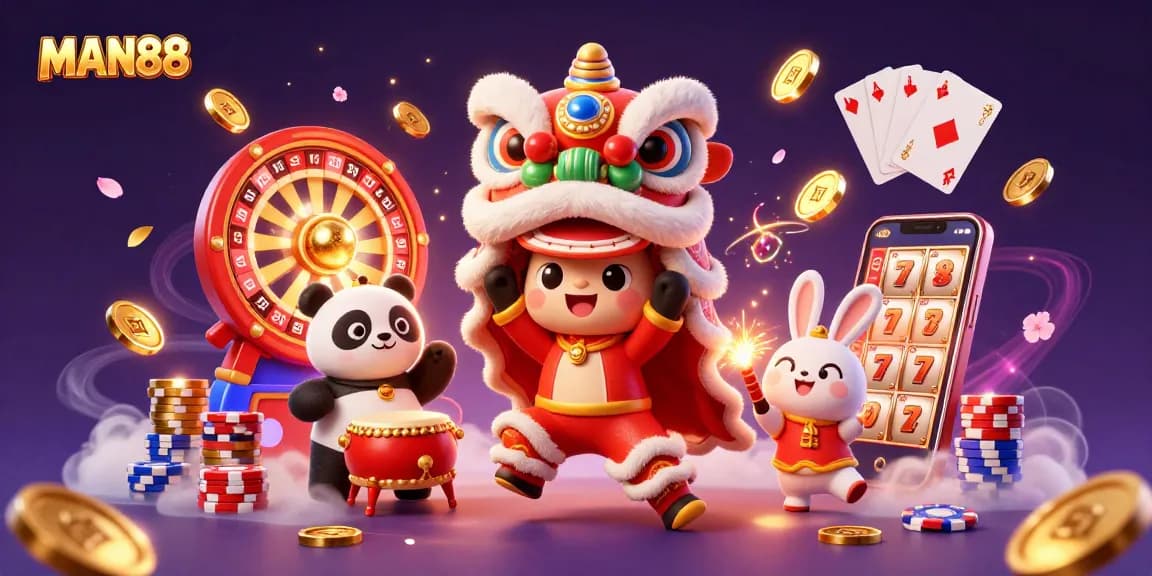 Experience excitement at MAN88 with dynamic gambling elements and adorable characters in a vibrant casino scene.