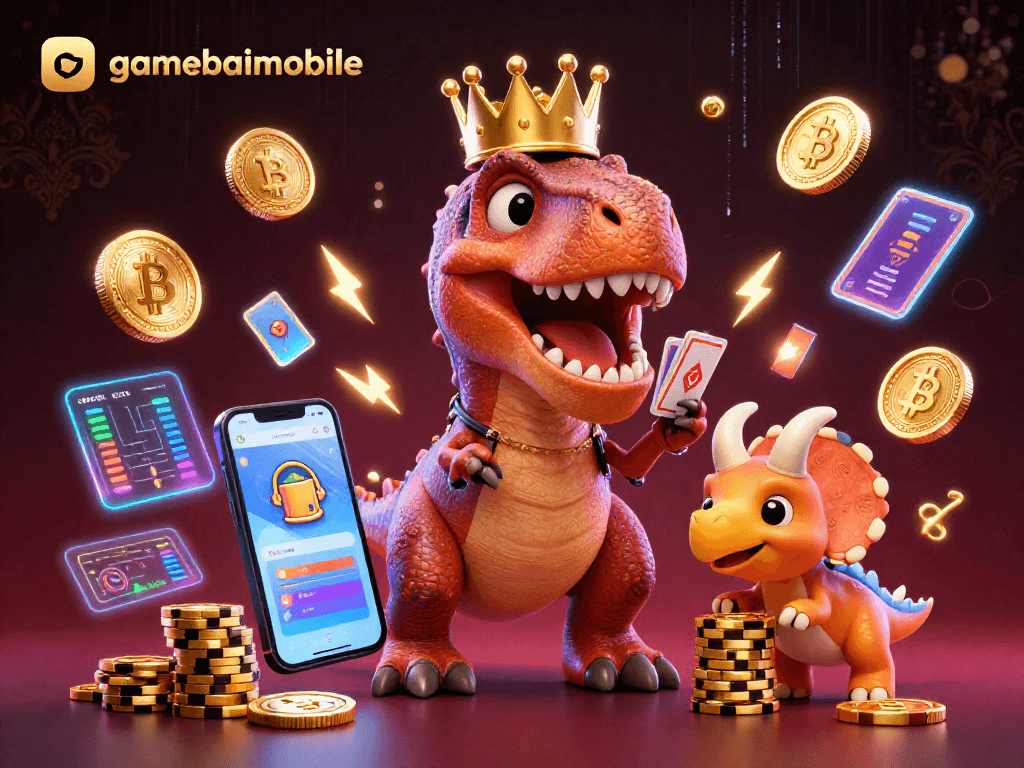 gamebaimobile's animated scene depicts fun characters in a vibrant casino-themed illustration.