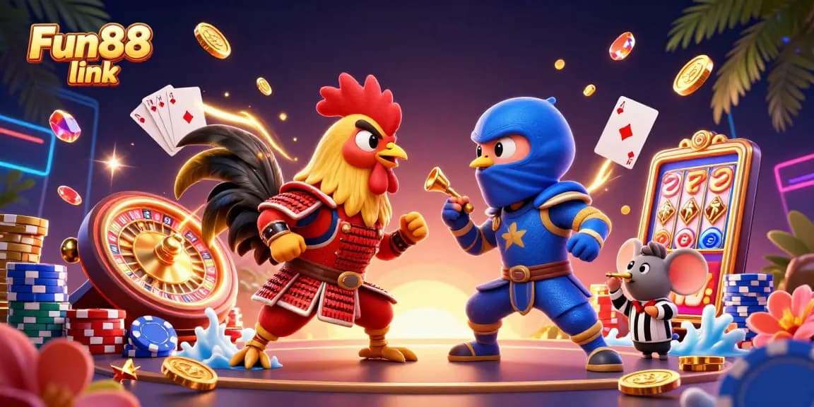 Engage in thrilling play with Fun88 link featuring dynamic roosters and vibrant casino elements in action.