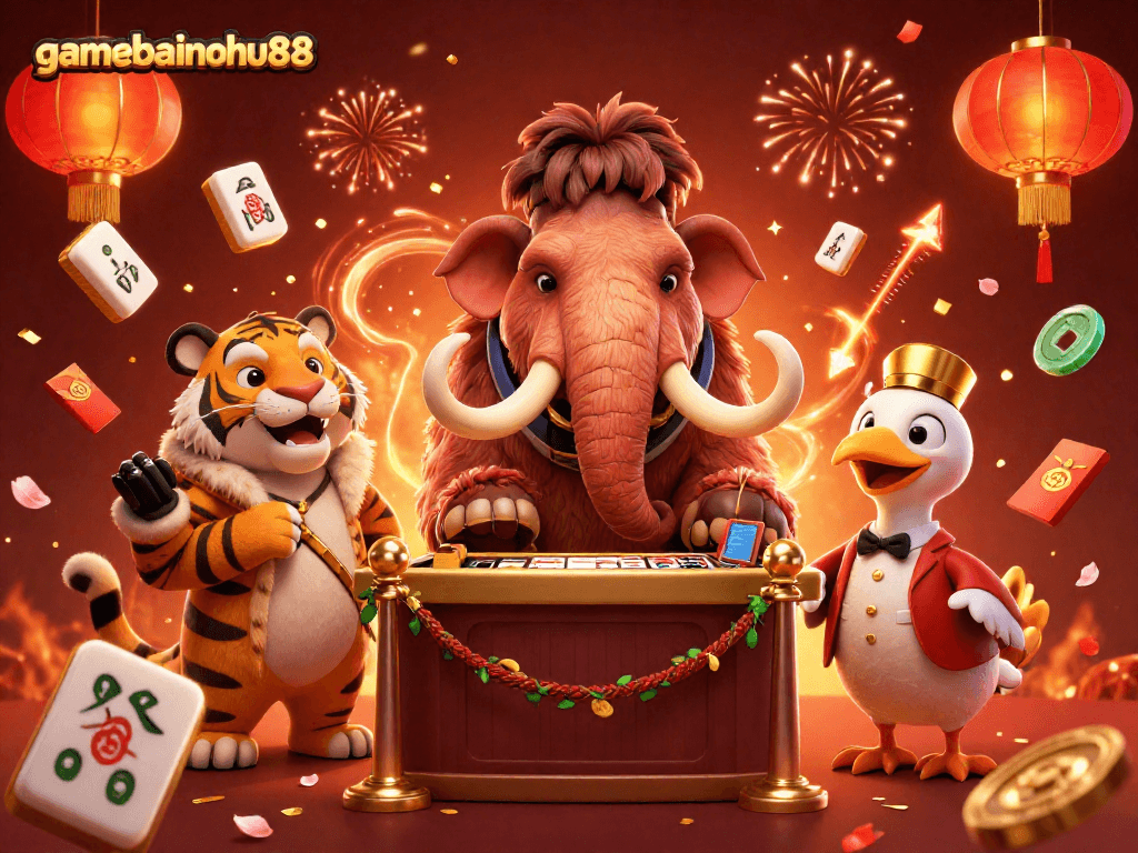 Engage in thrilling gameplay at gamebainohu88 with vibrant 3D casino characters and festive elements.
