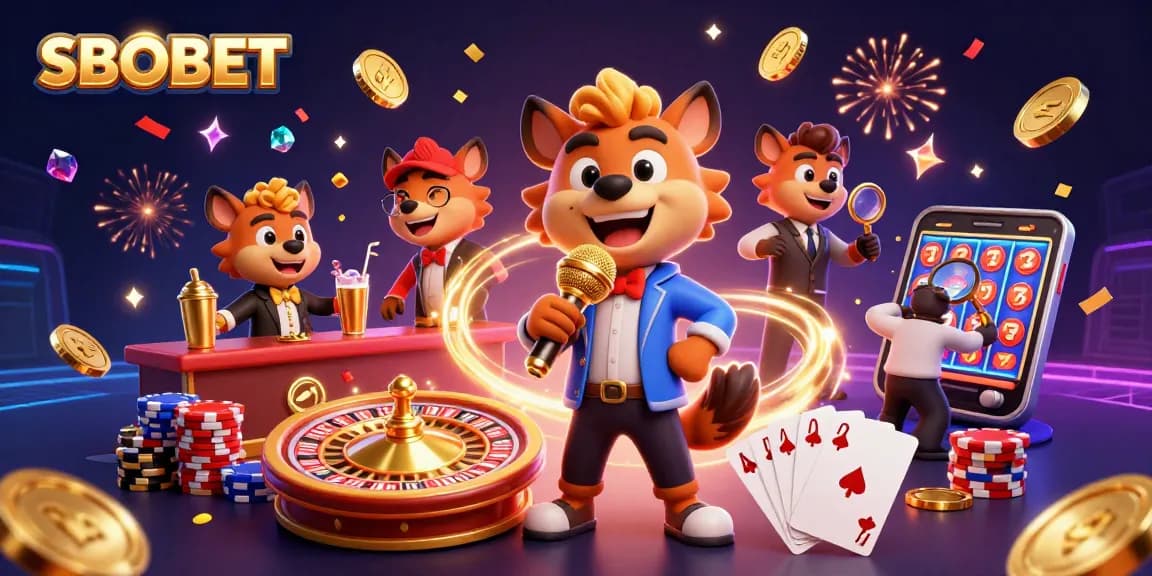 SBOBET's vibrant comedy casino scene with hyenas performing entertaining skits alongside colorful gaming elements.