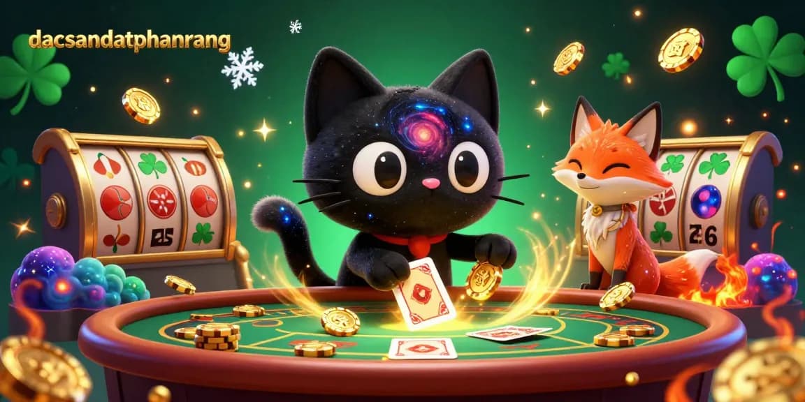 Engage with cosmic casino excitement at dacsandatphanrang, featuring a black hole cat and colorful gas nebula fox amid golden chips.