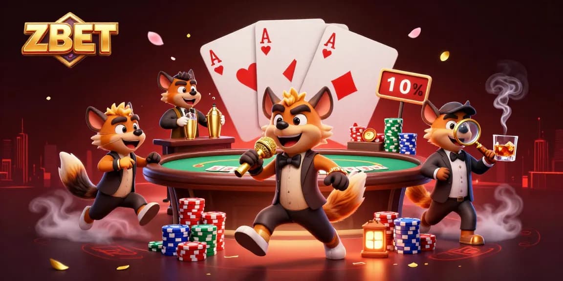 ZBET features animated hyenas in a lively casino scene with comedic elements and vibrant poker games.