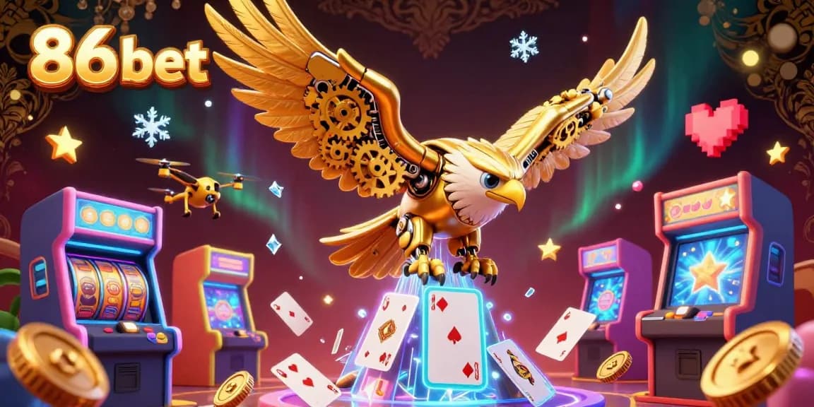 Experience thrilling action with 86 bet as a golden eagle dives through cascading holographic cards, highlighting a vibrant casino adventure.