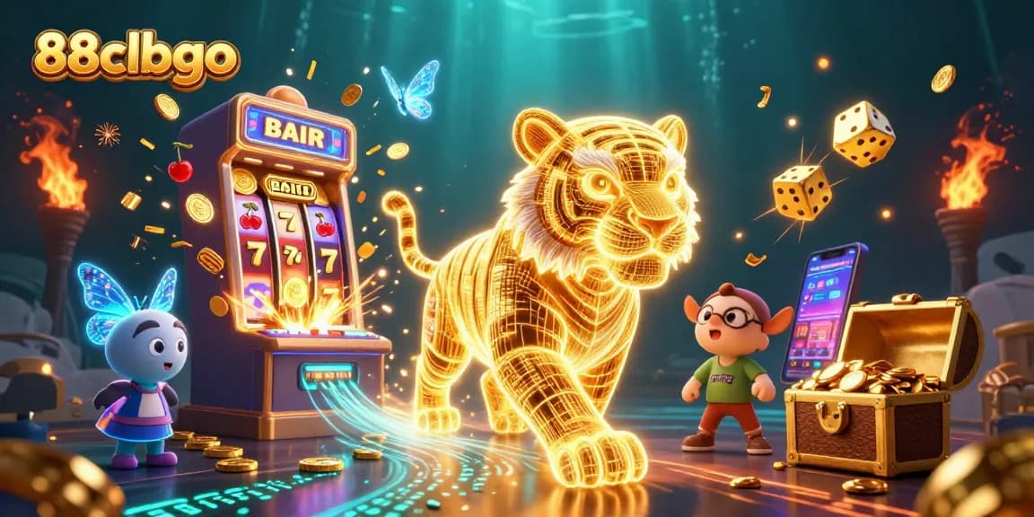 Engage in the vibrant world of 88clbgo with a neon-wireframe tiger amidst a spectacular casino setting