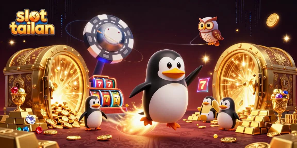 Experience thrilling gameplay with slot tailan featuring a golden penguin and vibrant casino elements.