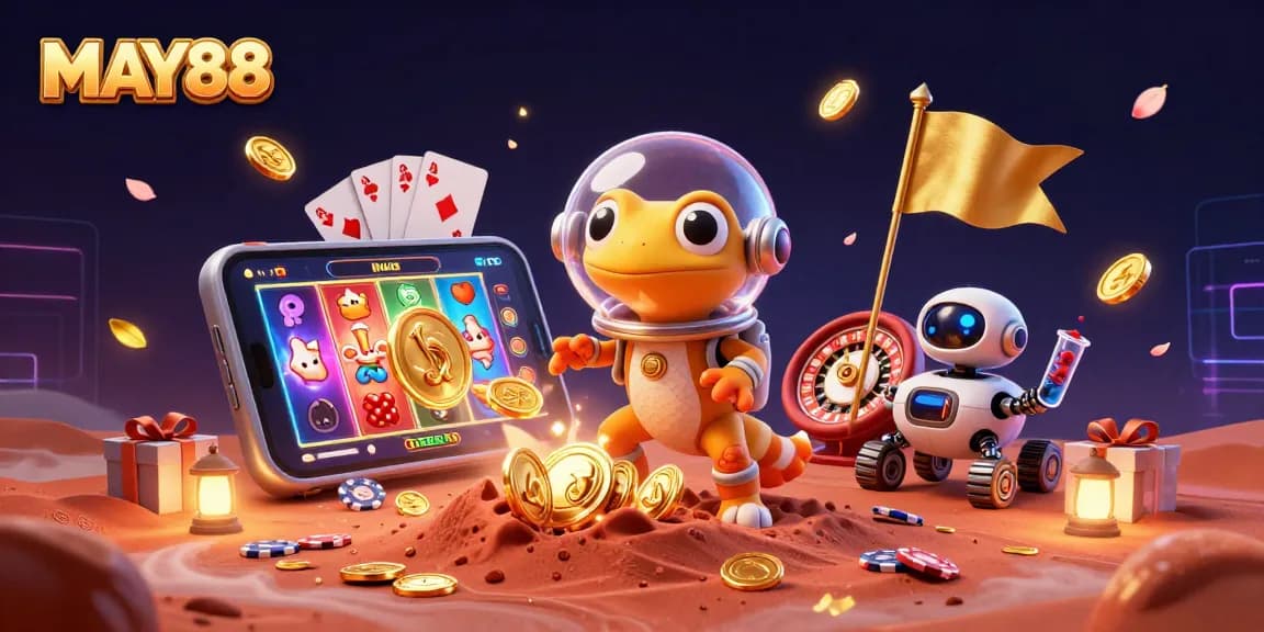 MAY88 showcases a Martian gecko discovering a golden casino, highlighting exciting gaming elements.