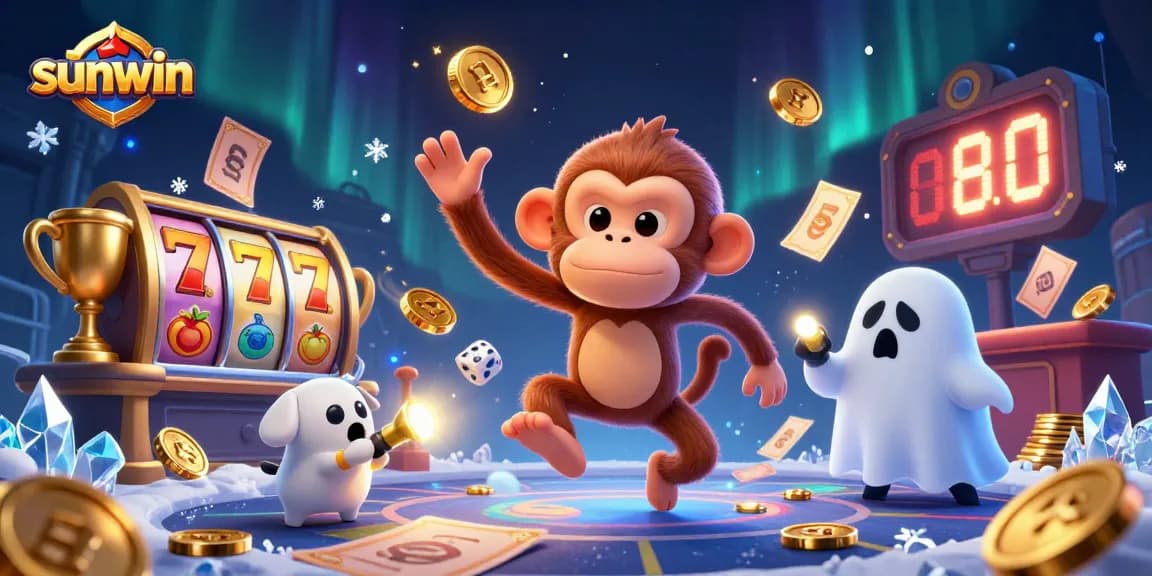 Engage in the sunwin casino experience with a dynamic scene of gaming excitement, featuring a playful monkey and ghost-hunter puppy.