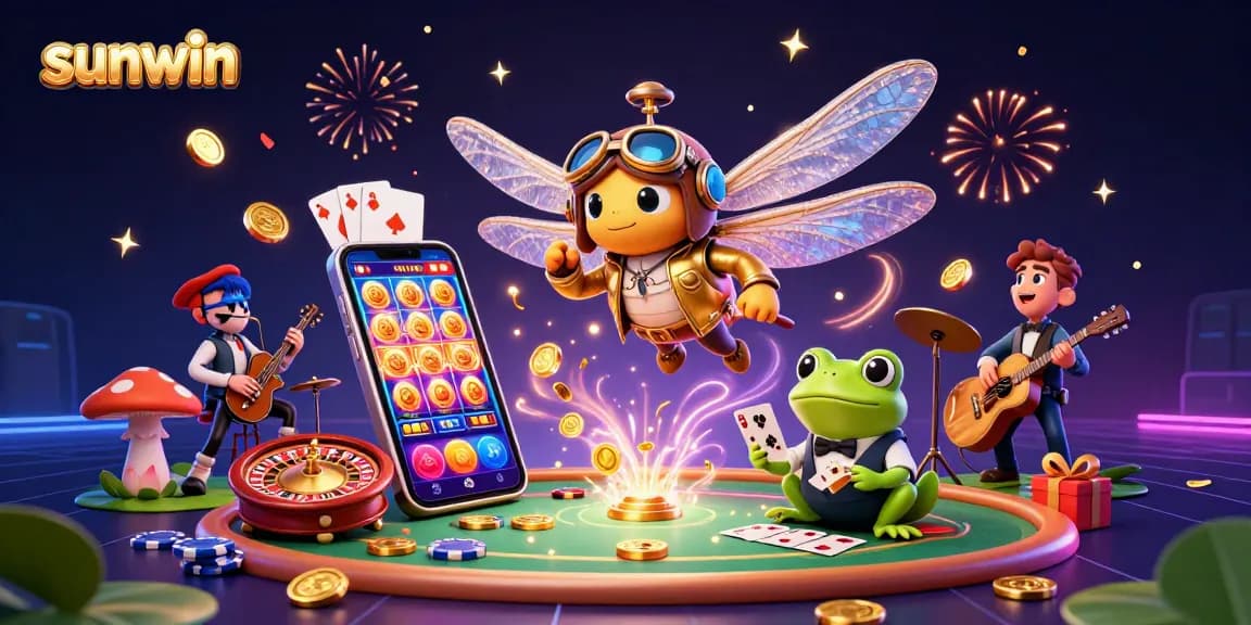 Join the excitement at sunwin with a vibrant casino scene featuring unique characters and gaming elements.