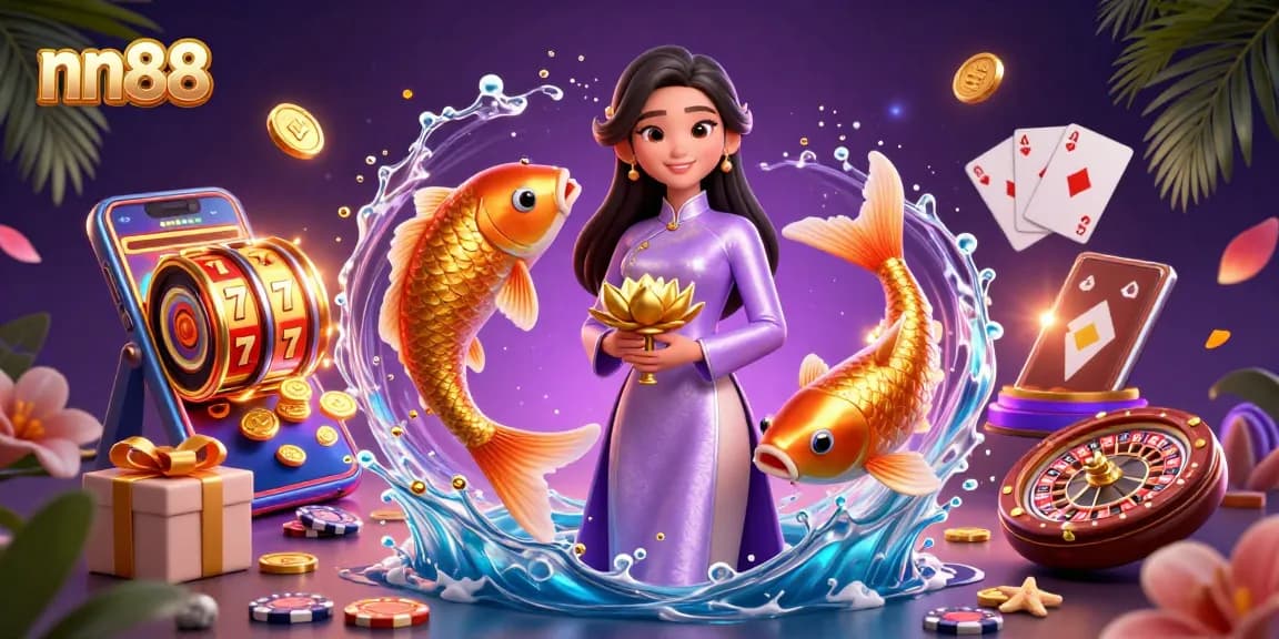 Win big with nn88 as a 3D Asian woman engages with online casino games in a vibrant illustration.