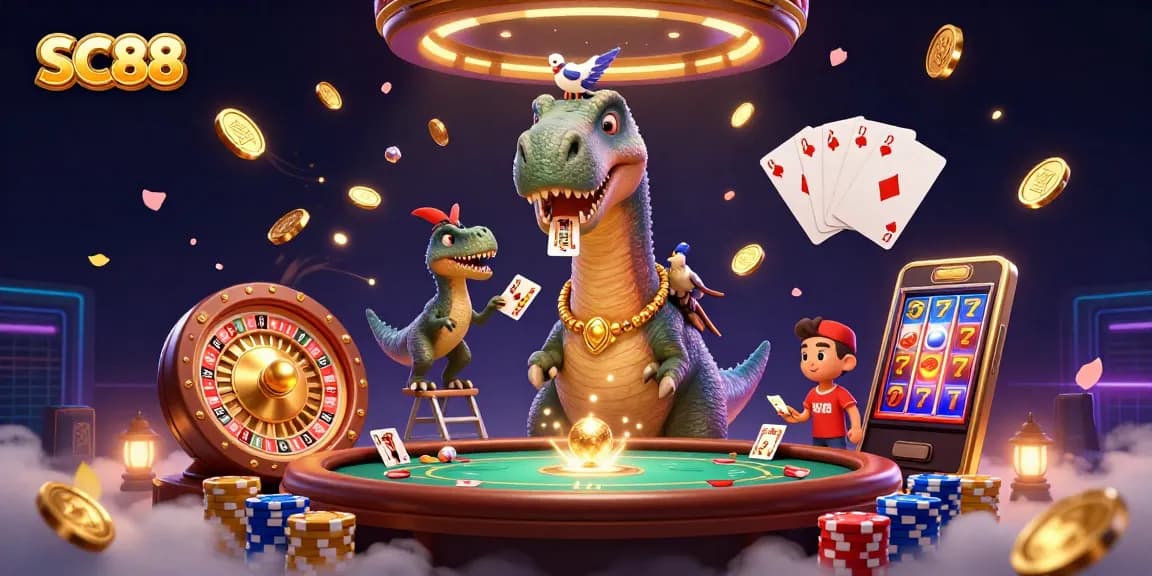 Engage in thrilling gameplay with SC88 at a vibrant casino, featuring a playful brontosaurus and dynamic game elements.